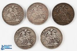 5x Victoria Silver Crown Coins - 1889,1890,1891,1892 and 1893 (5)