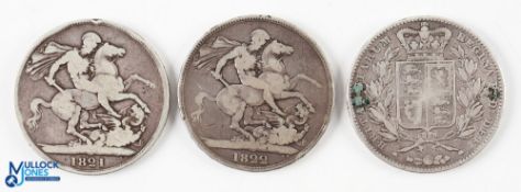 3x Silver Crown Coins - George IIII (IV) 1821 and 1822, with Victoria 1844, all with wear (3)