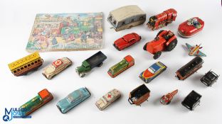 Period Tinplate & Clockwork Toys, a mixed lot to include Tri-ang Minic, Glam toy Products cars and