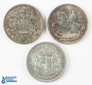 George V / VI Silver Crown Coins (3) - 1930 wreath crown, 1935 rocking horse crown and another