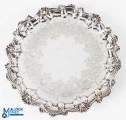 Victorian Hallmarked Silver Waiter by William Ker Reid London 1854 scroll and shell pie crust rim