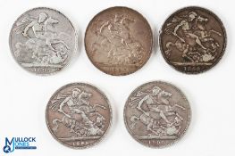 5x Victoria Silver Crown Coins - 1895,1897,1898,1899 and 1900 (5)