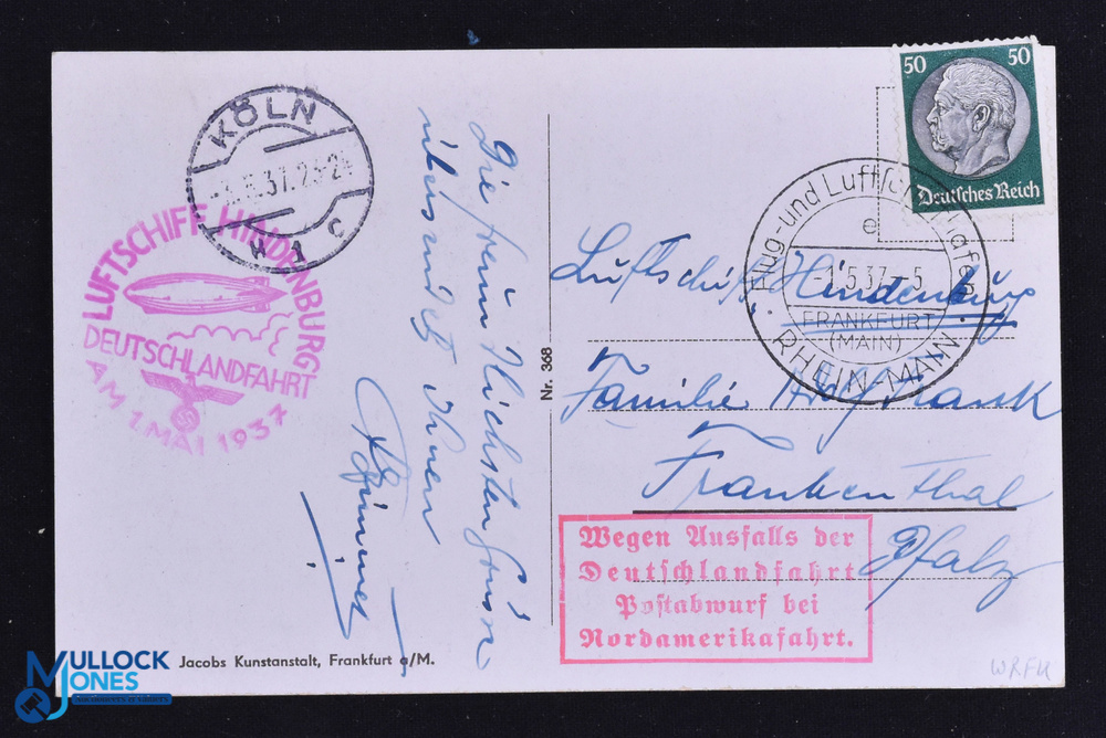 Aviation - The Hindenburg - rare postcard dated May 1st 1937 bearing the Hindenburg postal mark - Image 2 of 2
