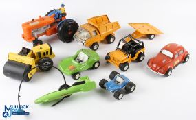 Vintage Tonka Toys, to include a Beetle twinkle toes, Jeep with trailer, dump truck beach buggy,