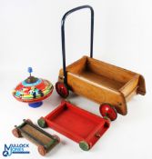 Vintage Tri-ang Baby Walker Push Along Toy with 2 wooden brick trolleys and a tinplate Chad Valley