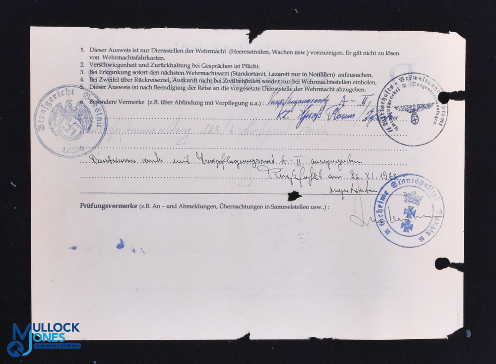 WWII - Third Reich - Secret Police special passport issued to Rottwachtmeistder Sigfried Hasenkamper - Image 2 of 2