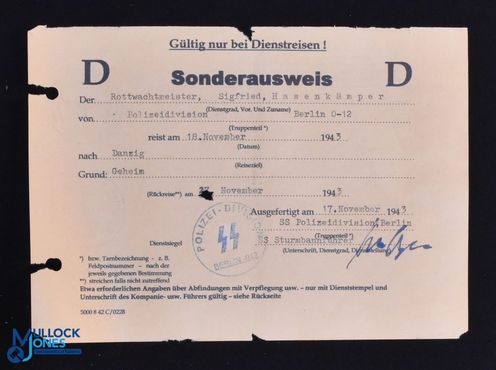 WWII - Third Reich - Secret Police special passport issued to Rottwachtmeistder Sigfried Hasenkamper