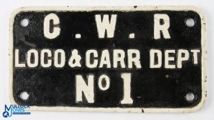 GWR cast iron crane plate GWR Loco & Carr Dept No.1. An original sign in good used condition,