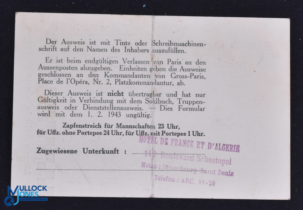 WWII - Third Reich - special permission pass issued to Ernst Nichols to visit Paris from November - Image 2 of 2