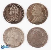 4x 18th Century Milled Silver Shilling Coins - Anne 1711, George 1823, George II 1743 and 1758 (4)