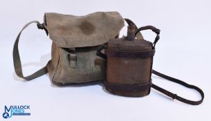 WW1 Military Water Bottle with leather straps, the webbing bag is dated 1918, the bottle has no date