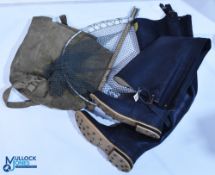Period Ross Angling Rubber Boots size 10 with studded sole, plus a small folding landing net -