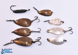3x Glass Eyed Norwich Style Spoon Lures, brass with good eyes, plus 3 mother of pearl bait/spoon a