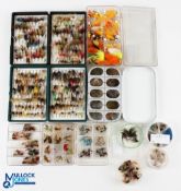 2x Fox pocket boxes containing approximately 200 trout wet/dry flies, assorted patterns, Okuma alloy