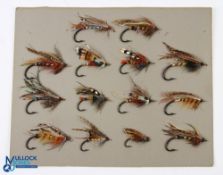 Group of Large Gut Eye Flies (14) hook sizes 1 to 6/0, all wired tied to board for presentation