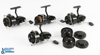 Pair of Mitchell 300 fixed spool LHW reels, both with spare spools in holders - note one good bail