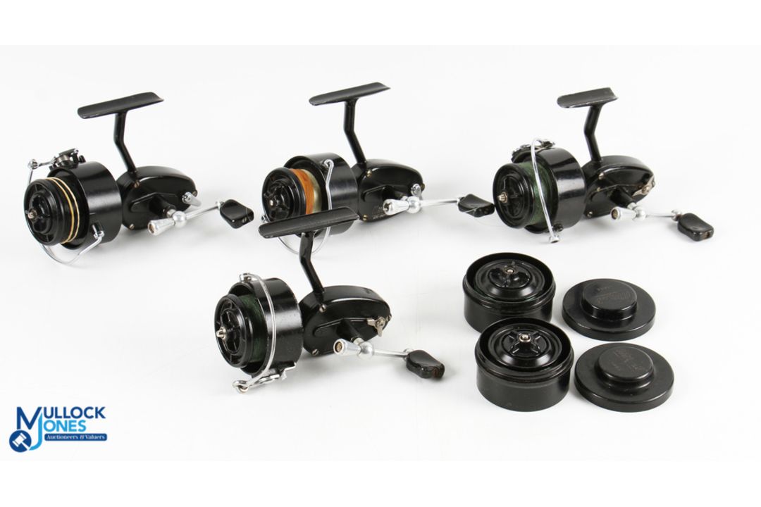 Pair of Mitchell 300 fixed spool LHW reels, both with spare spools in holders - note one good bail - Image 1 of 2