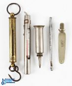 Five Hardy gadgets, brass scales 0-30lbs, a nickel plated thermometer with pocket clip, a nickel rod