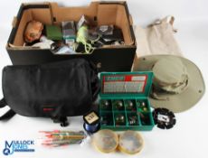 Collection of coarse, spinning and fly fishing accessories including casts, winders, Stillwater