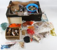Qty of Fly-Tying Accessories, in Sweets Tackle Boxes, with loose feathers, vintage wooden reels of
