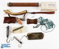 Vintage Fishing Tackle Accessories, to include a wooden storage jar with cork lid, a leather priest,