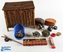 Period Wicket Fishing Creel / Stool, with contents of a good Mitchell Cap 306with a spare spool -