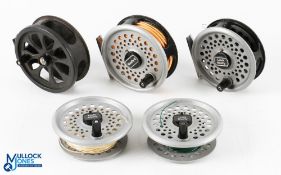 A collection of reels comprising: 2x Leeds Rimfly alloy trout fly reels with spare spools, 3 ½