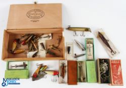 A Quantity of Fishing Bait Lures, Plugs with noted items by Allcock, English wood baits, Martin