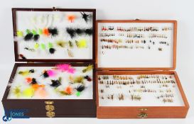 2 x Double and triple compartments wooden Fly Boxes, with trout flies, one is a hardwood box made by