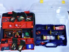 4x Plastic Fishing Tackle Storage Boxes with a selection of coarse fishing items -with noted