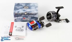 Abu Sweden Blue Max LHW bait casting reel, twin handles, side tensioner. In original box with