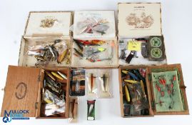 5x Wooden Cigar Boxes with Fishing Tackle contents of Devon's, spinners, lures, spoons, plugs etc,