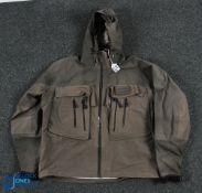 A green Simms multi pocket wading jacket, size large, polyester with Gore-Tex, drawstring hood and