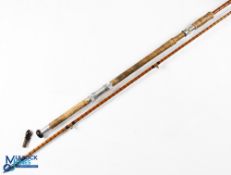 J J S Walker Bampton Alnwick split cane spinning carp rod No 29588 with interesting twin reel