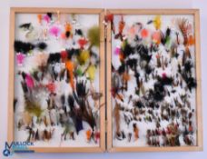 A Wooden Box of Trout Flies, for river and stillwater dry and wet all season, 6 section ether line