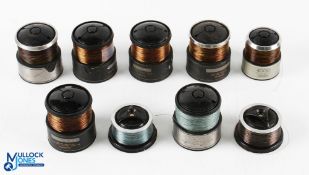 A collection of fixed spool spare spools, as follows: 3x Shimano 5 - 8.5; 1x Aero - R4; 1x Shimano