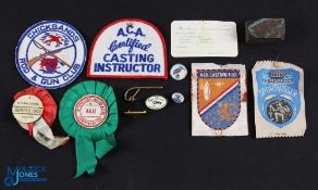 Fishing Badges, Patches, Rosettes all from Sweets Tackle Shop Usk, and a copper printing block of