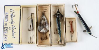 Five vintage Hardy lures, 4 in boxes, including a 2 ½