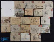 c1930 A collection of 22 ink and watercolour sketches on envelopes - of Fishing Humorous Sketches