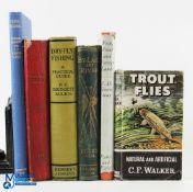 6x Period Fishing Books, Trout Flies C F Walker 1965, Fifty Years Angling 1938 ex library, By Lake &
