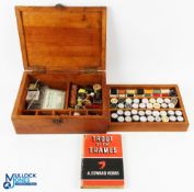 A vintage stained pine fly tying box with materials. Measures 12