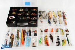 Collection of over 100 spinning lures, plugs and spinners, including Abu Giller, Hammer, Toby