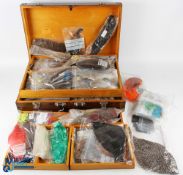 Large Fly-Tying Wooden Box, full of contents - to include wings, stalin skins, mallard, grouse,