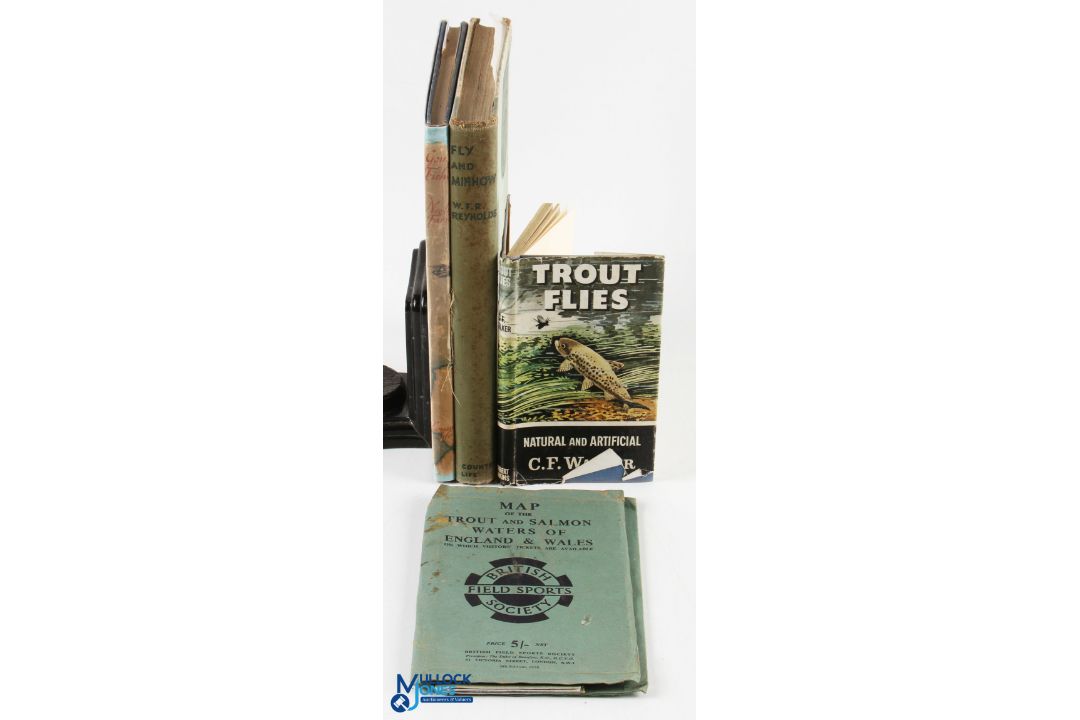 4 Period Fishing Books, to include Map of the Trout & Salmon Waters of England & Wales 1958 ed,
