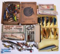 Period Fishing Tackle, Lures, Spoons, Plugs, with noted items of a black Japanned artificial bait