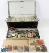 Large Japanned Fishing Fly Tying Metal Trunk - an indistinct label to lid of box with a sectioned