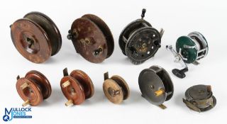 A collection of reels as follows: Sun Eaton wood and brass centrepin reel, 5