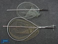 2x Large Gye Landing Nets, aluminium framed with extendable handles, one is made by Whitlock, with