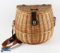 Modern Wicker Fishing Creel, with webbing shoulder strap, leather fittings #30cm tall, with signs of