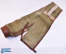 Period Brady Fishing Rod Bag, with leather trim on green canvas-a webbing shoulder strap, in good